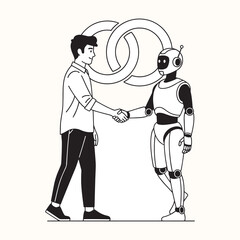 A person and a robot shaking hands, with two interlocking rings behind them. This image represents a strong connection and a successful partnership between humans and technology.