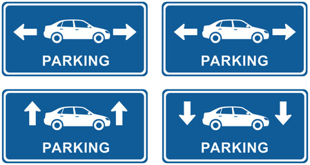Parking signs with arrows, car direction indicators, blue background, traffic guidance boards, parking location symbols, vehicle icons