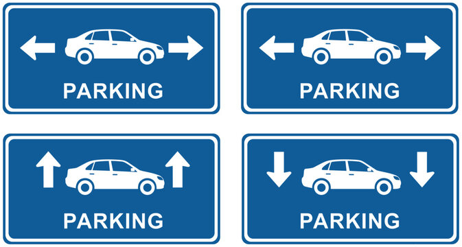 Parking signs with arrows, car direction indicators, blue background, traffic guidance boards, parking location symbols, vehicle icons