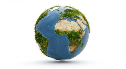 Lush green Earth globe softly lit against white background. AI Generated