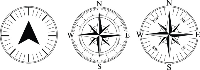 Set of compass icons showing directions, navigation symbols, wind rose designs, black and white vector illustration