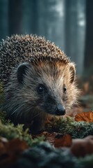 Fototapeta premium Hedgehog exploring a forest floor covered in leaves during early morning light in a serene woodland setting
