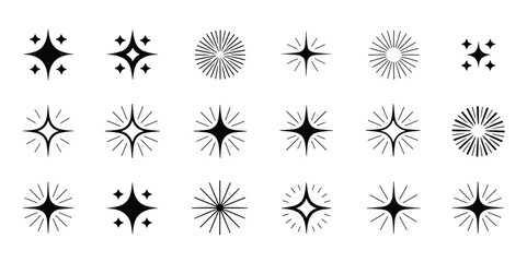 Sparkle and starburst icons, shining light symbols, decorative celestial design elements, minimalist twinkle star vector set