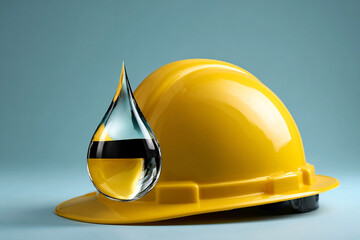 Fototapeta premium Oil Industry Safety Concept with Yellow Hard Hat and Oil Drop on Blue Background
