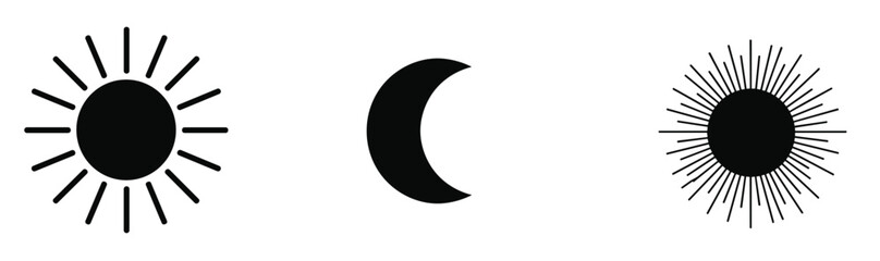 Sun and moon icons, celestial symbols, day and night illustration, astronomy design, black and white graphic
