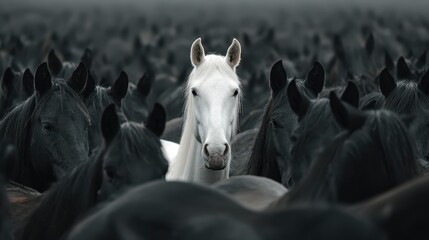 Unique white horse stands out among a herd of black horses in an open field