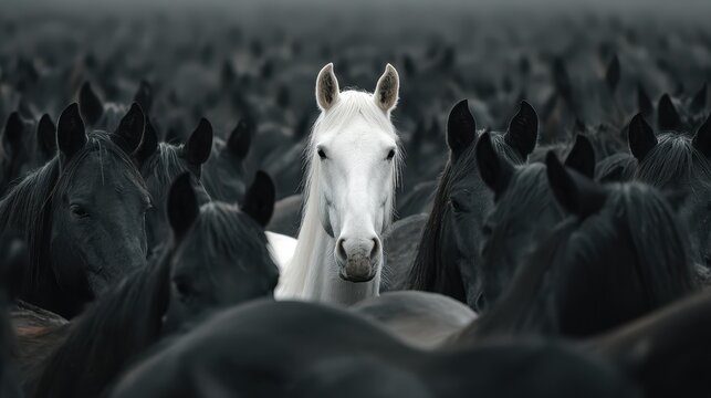 Unique white horse stands out among a herd of black horses in an open field - Powered by Adobe