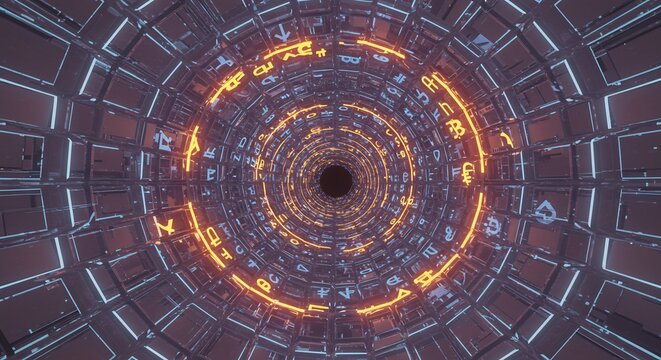 Glowing glyphs spiral down a futuristic tunnel bathed in warm neon light. AI Generated - Powered by Adobe