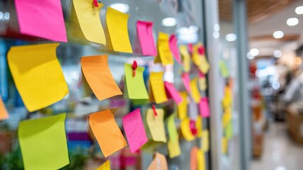 Fototapeta premium Colorful Sticky Notes on a Clear Board in a Modern Office Environment During Daylight