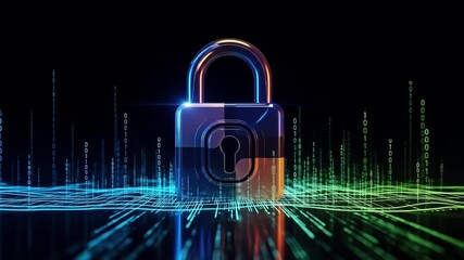 A futuristic padlock shimmers against a digital background Security measures and data protection are visualized with vibrant blue and green light streams on black - Powered by Adobe