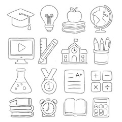 Hand drawn education themed doodle set, hand drawn education icon illustration set