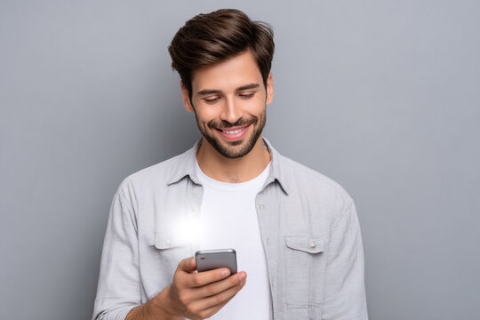 Happy Man Using Mobile Phone For Social Media Communication On Grey Background