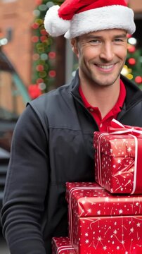 Smiling Delivery Person in Santa Hat Holding Stacked Red Gift Boxes Outside Delivery Van