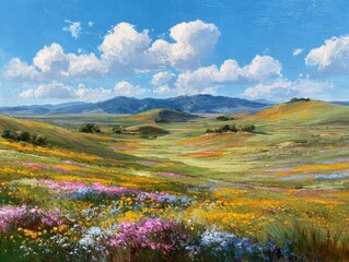 Fototapeta premium Landscape with Rolling Hills and Wildflowers Under the Blue Sky. --ar 4:3 --v 7 Job ID: 5f5b54a3-627f-4b7c-aaaa-374060d463d1