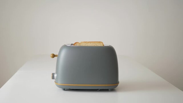 Close-up of a man&rsquo;s hand placing slices of white bread into a toaster on a clean kitchen surface. The video captures a simple morning routine with natural lighting and a minimalistic setting.