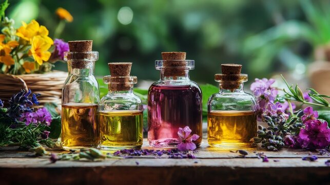 Colorful glass perfume bottles outdoors with flowers and sunlight for fragrance branding photography natural beauty aromatherapy product visuals