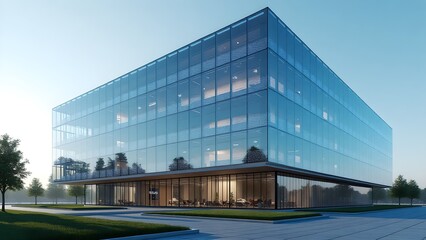 Modern Glass Office Building Exterior Under Clear Blue Sky