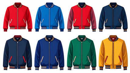 Vector collection of varsity bomber jackets in multiple colors. Isolated clothing templates for fashion design in a flat cartoon style.
