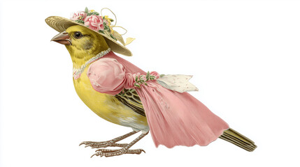 Obraz premium A yellow bird dressed in a pink dress, hat, and necklace, standing in a vintage style.
