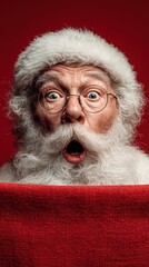 Surprised Santa Claus with large glasses holding a red fabric during festive celebrations