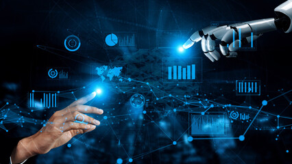 A captivating scene illustrating the connection between a human hand and a robot finger, set against a backdrop of digital data visualizations and blue technology motifs. Xenic