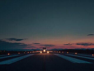 Fototapeta premium Lone Aircraft Taxiing with Illuminated Path at Dusk Under a Clear Twilight Sky