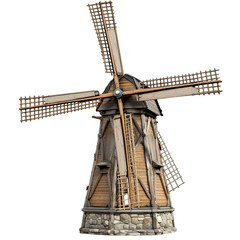 Traditional windmill with wooden blades, isolated on a white background