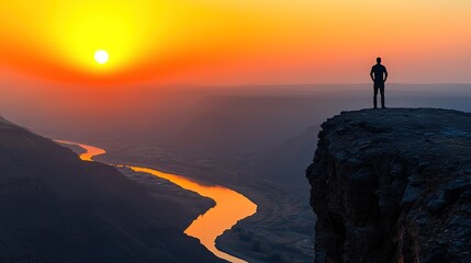 Fototapeta premium Man Standing on Cliff Edge at Sunset with River and Valley View 