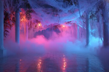 Naklejka premium Mysterious corridor filled with fog and glowing neon fabric / Abstract hall with mist, blue fabric ceiling and pink light glow