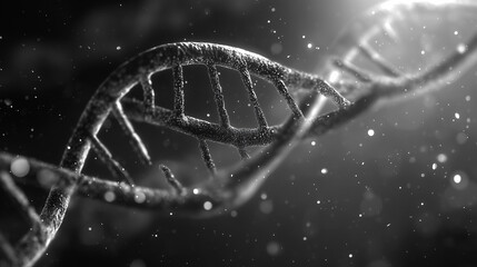 A detailed black-and-white image of a DNA double helix is illuminated by a bright light, symbolizing scientific discovery and genetic research.