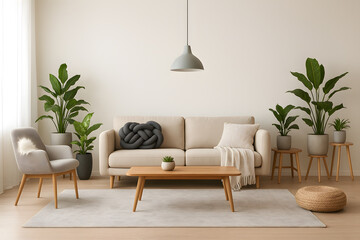 Bright, minimalist living room featuring a beige sofa, wooden coffee table, armchair, potted plants, and a neutral-toned rug.