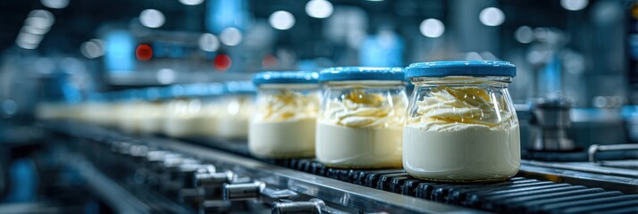 Production line showcases jars of creamy yogurt in a manufacturing facility during daytime