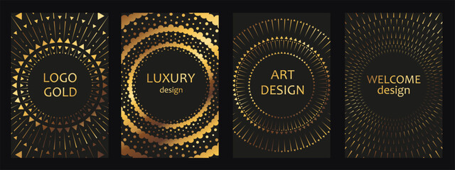 Round shaped frame. Golden halftone circle logo. Luxury design emblem.
