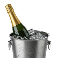 Classic champagne bottle with golden liquid, foil, and cork, submerged in a polished metallic ice bucket with glistening ice and condensation against transparent background, product photography