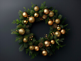 Minimalist Christmas Wreath with Gold Ornaments
Elegant Holiday Decoration on Dark Background