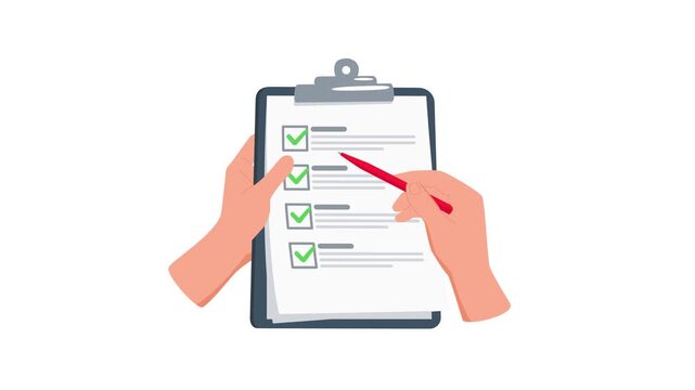 Hands completing checklist on clipboard, white and green screen