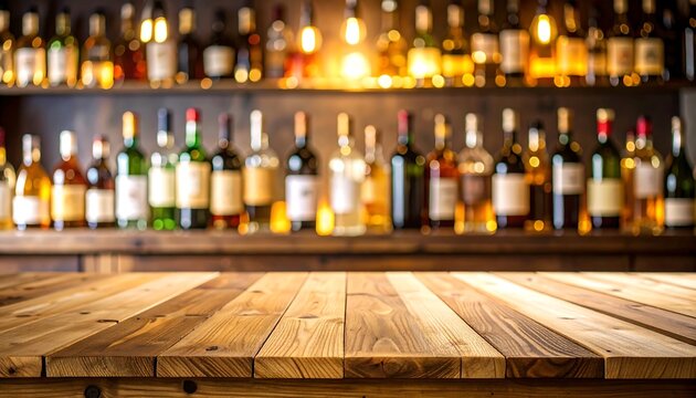 Wooden bar top with liquor shelf, and pub.