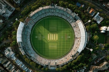 Aerial view of a packed cricket stadium / Top view of international cricket arena with bright green pitch / Drone shot of green cricket field