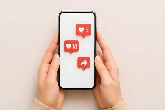 Hands hold smartphone displaying social media likes and shares.