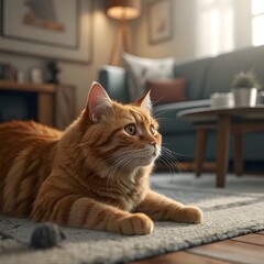 Ginger cat sitting on floor in cozy living room. Interior decor