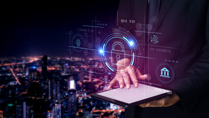 Cybersecurity system interface with biometric lock and data protection. Cybersecurity protects...
