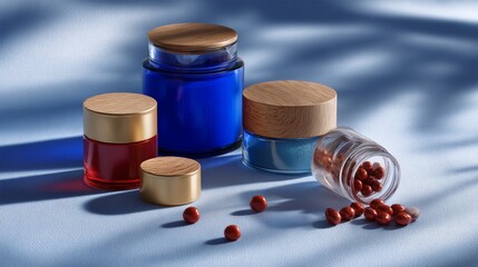 Blue glass supplement jars and capsules on minimalist background for health medicine pharmaceutical wellness branding product photography