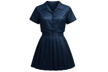 Dark blue school uniform dress with pleated skirt and transparent background