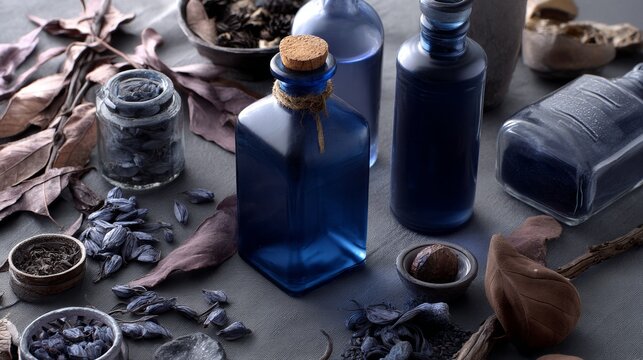 Dark apothecary bottles with herbs and vintage elements on table for magical potion concept fantasy photography elixir mystic scene