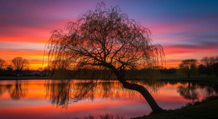 Serene Sunset Willow Reflection - A weeping willow tree gracefully bends over a still lake, its reflection mirrored in the vibrant colors of a sunset sky.