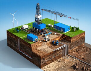 3D cross-section illustration of an oil and gas drilling site with underground pipelines and surface infrastructure, including a drilling rig and wind turbines.