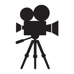 Black Silhouette Film Camera Tripod Vector Icon movie. Vector black silhouette. with white background