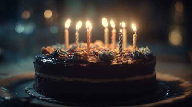 A chocolate cake with lit candles, colorful sprinkles, and blue frosting decorations, set on a plate.