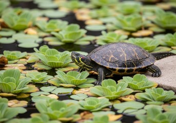 Fototapeta premium Turtle Among Water Plants - A red-eared slider turtle rests on a stone amongst vibrant green aquatic plants in a serene garden pond.