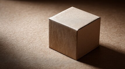 Single brown cube on textured surface with shadows for minimal product photography shape geometry visual branding design concept composition